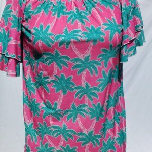 Simply Southern Green Palm Trees on Pink Top, Short Flouncy Sleeves NWOT Size L